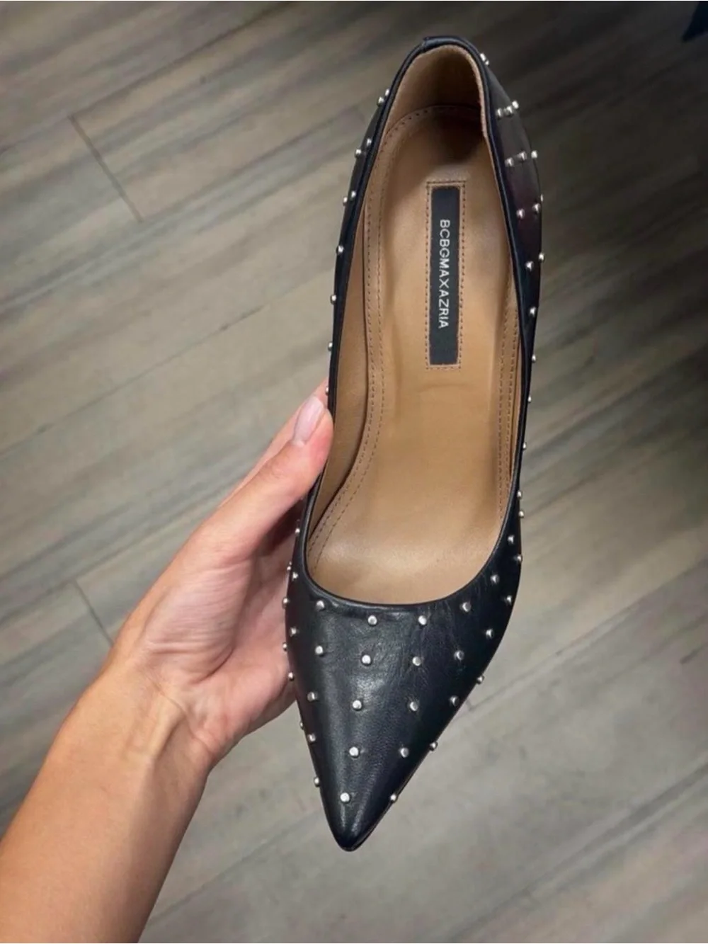 BCBGMaxAzria Black Leather “Nova” Studded Pointed-Toe Stiletto size 10
